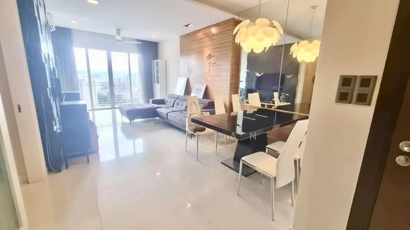 Living features: 3-seater fabric sofa in grey, coffee table, wall-mounted TV, floor-to-ceiling windows, city view, recessed downlights, decorative wall with wood paneling, area rug, ceiling fan, open-plan layout; style: modern; view: city. Dining features: 6-seater dining table, white dining chairs, pendant lighting, glass tabletop, wooden accent wall, open layout to living area; style: modern; view: city.