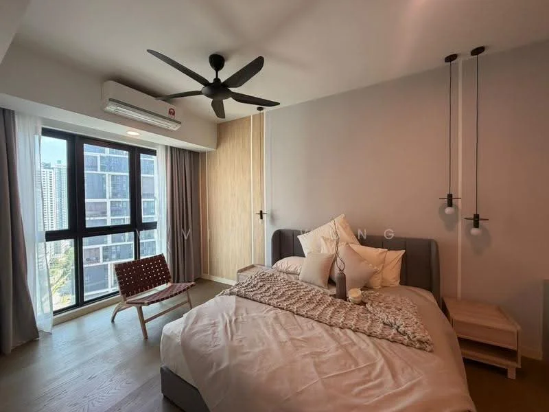 Bedroom features: king-size bed, upholstered headboard, bedside lamps, wooden flooring, 5-blade ceiling fan, floor-to-ceiling windows, sheer curtains, decorative throw blanket, accent chair, wooden nightstand; style: modern; view: city.