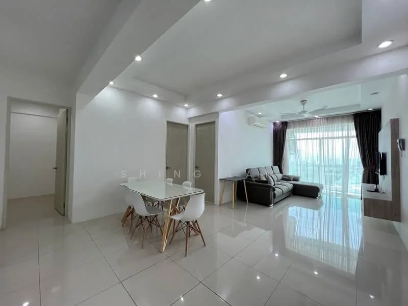 Living features: white painted walls, glossy tile flooring, 5-blade ceiling fan with light, floor-to-ceiling windows, sheer curtains, L-shape sectional sofa in grey, wall-mounted TV, wooden TV console, dining table with white surface and wooden legs, decorative wall panel; style: modern; view: city. Room features: white painted walls, glossy tile flooring, doorway to adjacent rooms.