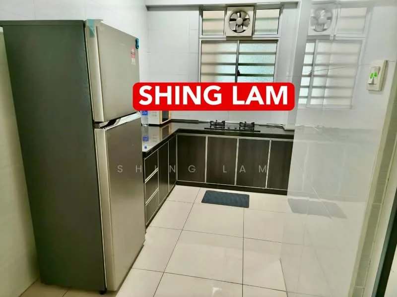 Kitchen features: stainless-steel fridge, built-in kitchen cabinets in dark wood, black countertop, 2-burner gas hob, white tiled backsplash, white tiled flooring, window with metal grille, sink, kitchen mat; style: modern.