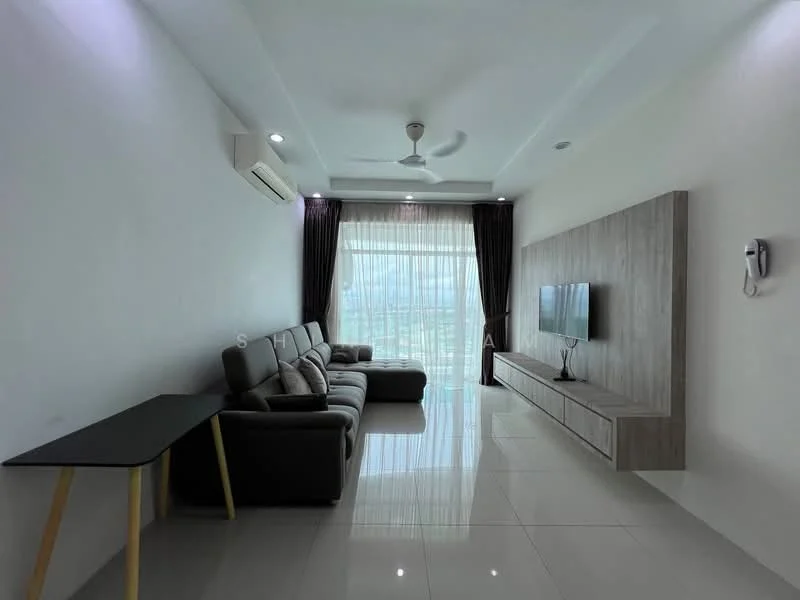 Living features: 3-seater fabric sofa in grey, ceiling fan, wall-mounted TV, TV console in wood finish, large floor-to-ceiling windows, sheer curtains, white painted walls, glossy tile flooring, decorative wall paneling, light fixtures, open layout, view of the city; style: modern; view: city.