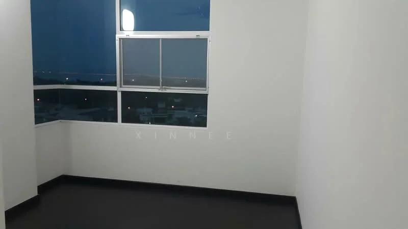 Room features: white painted walls, black vinyl flooring, floor-to-ceiling windows, city view, window treatments not visible, no visible furniture or decor; style: modern; view: city.