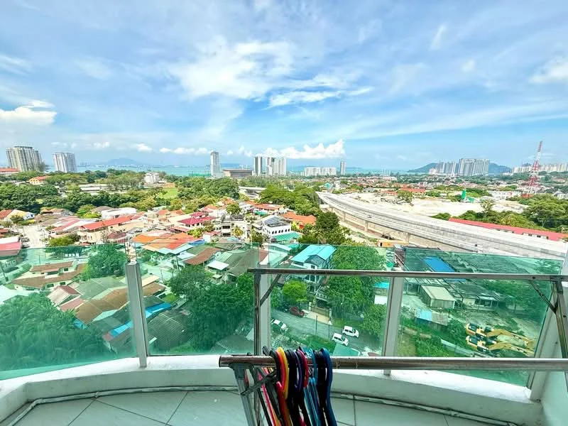 Room features: glass railing, tile flooring, city skyline view, greenery view, urban landscape, balcony space, clothes drying rack; style: modern; view: city.