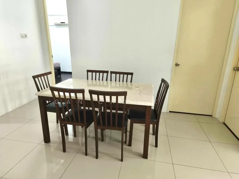 Dining features: rectangular dining table with marble top, wooden dining chairs with black upholstery, white painted walls, glossy tile flooring, two doors visible, one wall-mounted light fixture; style: modern.