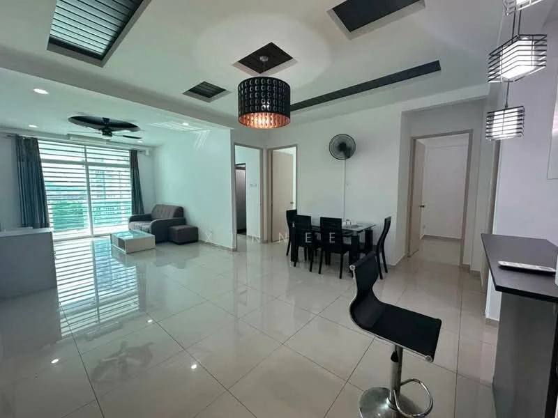 Living features: 3-seater fabric sofa in grey, ceiling fan with light, chandelier, floor-to-ceiling windows, white painted walls, polished ceramic tile flooring, sliding glass door, roller blinds, area rug, TV console, wall-mounted TV; style: modern; view: city. Dining features: 6-seater dining table, black dining chairs, pendant lamp, white painted walls, polished ceramic tile flooring; style: modern.