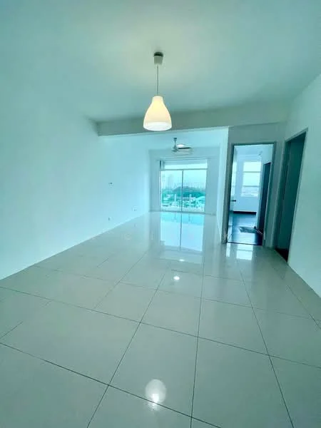 Living features: white painted walls, glossy ceramic tile flooring, recessed downlights, 5-blade ceiling fan, large sliding glass door, floor-to-ceiling windows, natural light, open layout; style: modern; view: garden.
