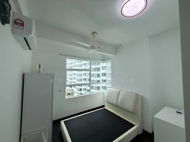 Bedroom features: queen-size bed, upholstered headboard, white walls, black laminate flooring, floor-to-ceiling windows, 1 wall-mounted split AC, 5-blade ceiling fan, nightstand, white bedside table, window treatments; style: modern; view: city.