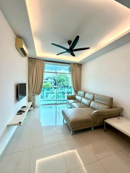 Living features: L-shape sectional sofa in beige, wall-mounted TV, floating TV console, 5-blade ceiling fan with integrated LED light, floor-to-ceiling sliding glass door, sheer curtains, white painted walls, glossy tile flooring, recessed lighting, air conditioning unit; style: modern; view: garden.