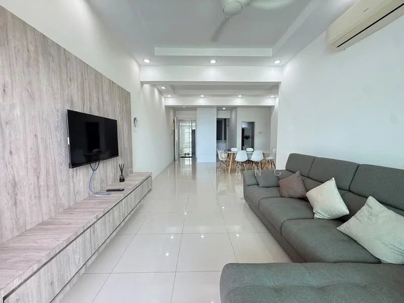 Living features: grey fabric sectional sofa, light-colored throw pillows, wall-mounted flat-screen TV, wooden TV console with drawers, white painted walls, recessed ceiling lights, ceiling fan, glossy tile flooring, large glass sliding door, open layout to dining area; style: modern.