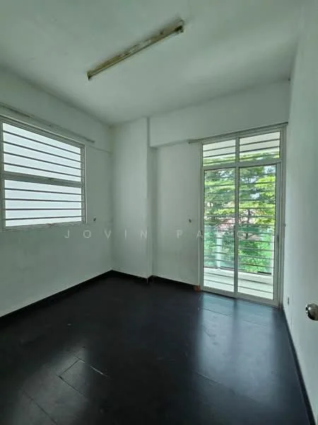 Room features: white painted walls, dark wood flooring, floor-to-ceiling windows, sliding glass door, window with horizontal slats, natural light from windows, view of greenery outside; view: garden.