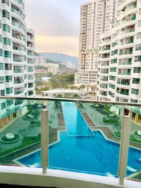 Balcony features: glass railing, view of swimming pool, view of surrounding buildings, outdoor space, access from living area; style: modern; view: pool.
