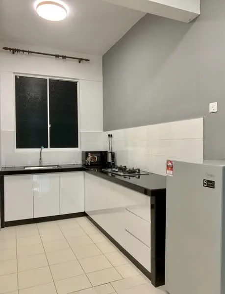 Kitchen features: black granite countertop, white flat-panel cabinets, stainless-steel fridge, 4-burner gas hob, built-in oven, single-bowl stainless-steel sink, chrome pull-down faucet, white tiled backsplash, cream tiled flooring, window with black frame, wall-mounted microwave; style: modern.