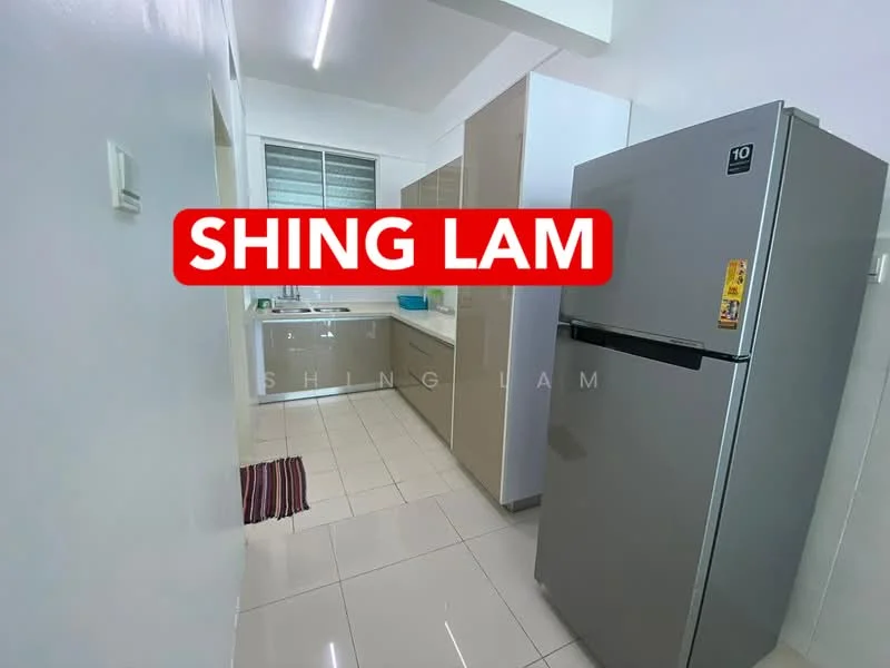 Kitchen features: white cabinets, grey cabinet doors, stainless-steel fridge, double-bowl stainless-steel sink, chrome pull-down faucet, white tiled backsplash, white tiled flooring, window with sheer curtains, countertop with storage below, kitchen towel on floor; style: modern.