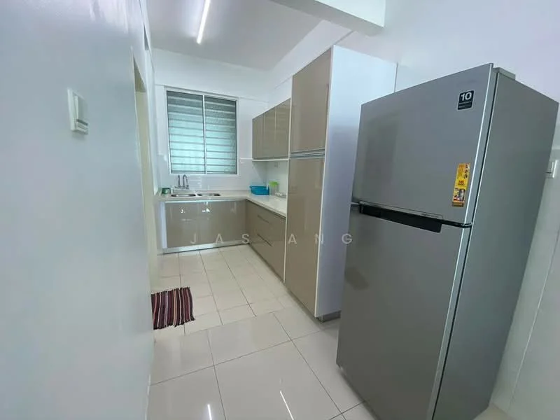 Kitchen features: white cabinets, stainless-steel fridge, single-bowl stainless-steel sink, chrome pull-down faucet, white countertop, ceramic tile flooring, wall-mounted cabinets, window with horizontal blinds, kitchen rug; style: modern.