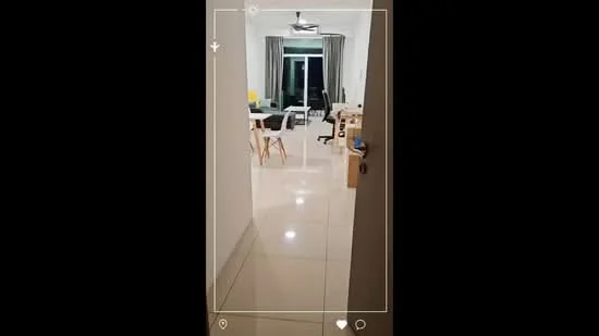Room features: glossy tile flooring, white painted walls, recessed downlights, ceiling fan, large windows with sheer curtains, dining table with chairs, office desk with chair, open layout, neutral color scheme; style: modern.