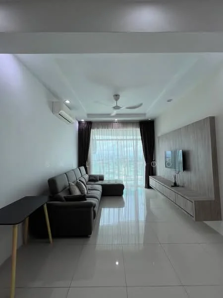 Living features: 3-seater fabric sofa in grey, coffee table, wall-mounted TV, TV console with storage, floor-to-ceiling windows, sheer curtains, 5-blade ceiling fan with light, recessed downlights, glossy tile flooring, decorative wall paneling, air conditioning unit; style: modern; view: city.