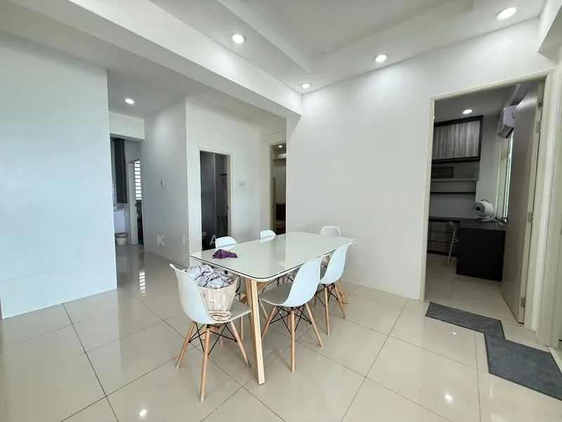 Dining features: white dining table, 6 white chairs with wooden legs, cream painted walls, glossy beige tile flooring, recessed downlights, open layout, doorway leading to kitchen, doorway leading to hallway, large windows for natural light; style: modern.