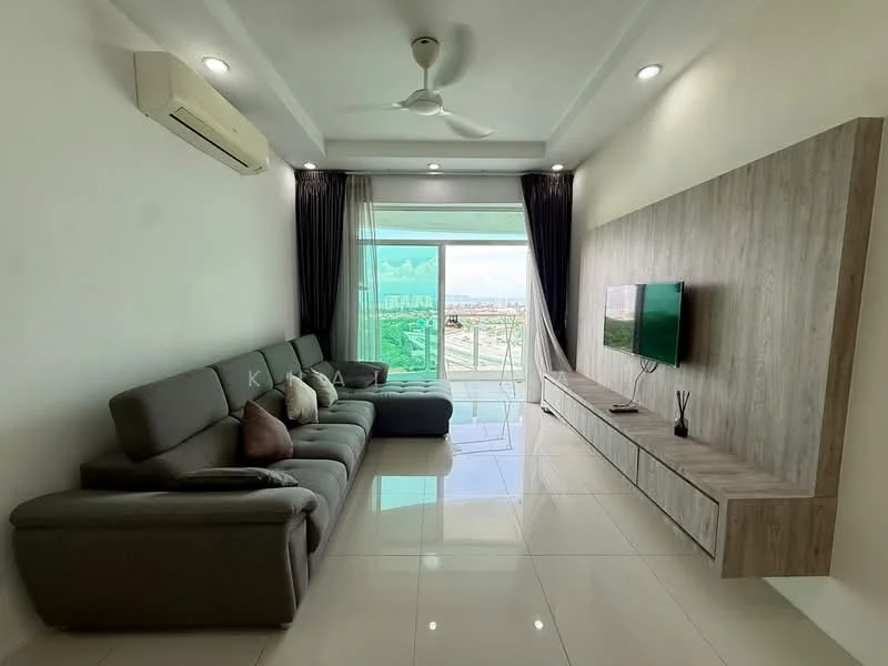 Living features: 3-seater fabric sofa in grey, ceiling fan, wall-mounted TV, TV console with storage, large sliding glass door, floor-to-ceiling windows, white painted walls, glossy tile flooring, curtains, decorative wall paneling; style: modern; view: city.