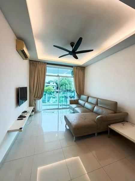 Living features: L-shape sectional sofa in beige, wall-mounted TV, white wall, recessed LED downlights, 5-blade ceiling fan, floor-to-ceiling sliding glass door, curtains, glossy tile flooring, coffee table, decorative wall shelf; style: modern; view: garden.