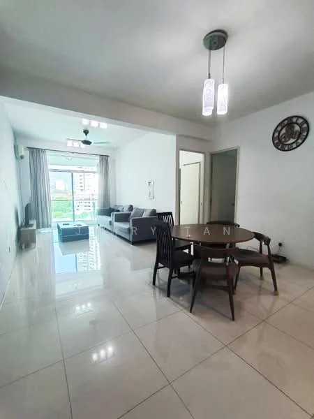 Living features: grey fabric sofa, round dining table, 4 dining chairs, floor-to-ceiling windows, sliding glass door, white painted walls, polished ceramic tile flooring, ceiling fan, recessed downlights, wall clock, decorative mirror; style: modern; view: city.