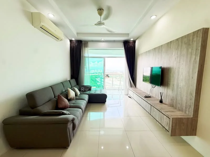 Living features: 3-seater fabric sofa in grey, 2-seater fabric sofa in grey, ceiling fan with light, wall-mounted TV, wooden TV console, large sliding glass door, floor-to-ceiling windows, white painted walls, glossy tile flooring, decorative wall panel, curtains in dark color, decorative cushions; style: modern; view: city.