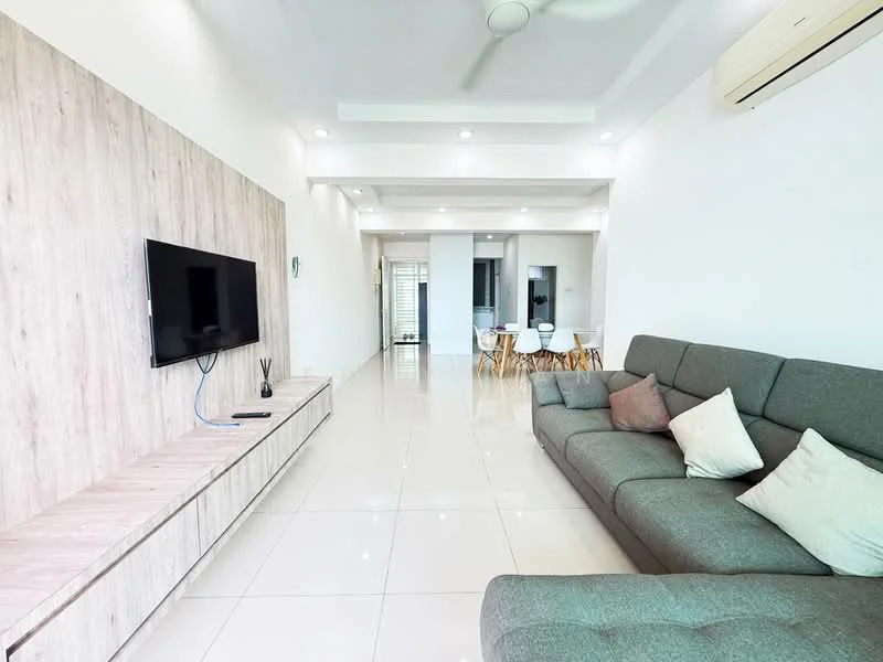 Living features: grey fabric sectional sofa, decorative cushions, wall-mounted TV, light wood TV console, white walls, recessed downlights, ceiling fan, glossy tile flooring, open layout to dining area; style: modern. Dining features: round dining table, wooden dining chairs, white walls, glossy tile flooring, open layout to living area; style: modern.