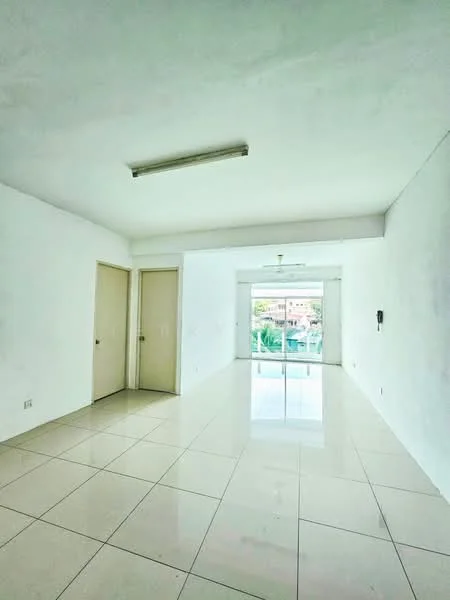 Room features: white painted walls, glossy white tile flooring, ceiling light fixture, sliding glass door, floor-to-ceiling windows, view of outdoor area; style: minimalist; view: garden.