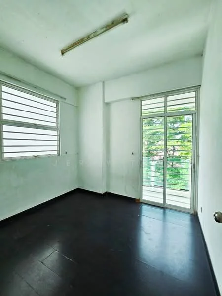 Room features: white painted walls, black laminate flooring, sliding glass door, horizontal louvered windows, natural light from windows, balcony access, minimalist design, no visible furniture; style: minimalist; view: garden.