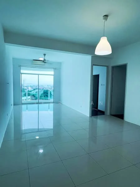 Living features: white painted walls, glossy white floor tiles, 5-blade ceiling fan with light, large floor-to-ceiling windows, city view, recessed lighting, neutral color palette, open layout; style: modern; view: city.
