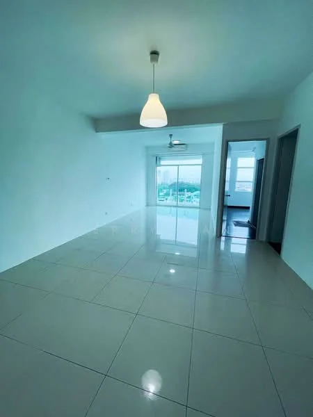 Living features: white painted walls, glossy ceramic tile flooring, 5-blade ceiling fan with light, large sliding glass door, floor-to-ceiling windows, natural light from windows, recessed lighting, neutral color scheme; style: modern; view: city.