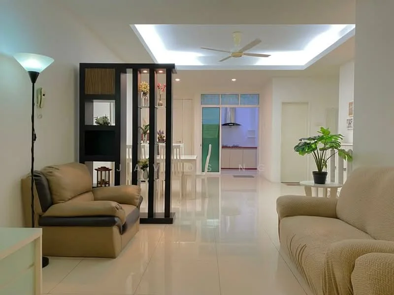 Living features: cream painted walls, glossy tile flooring, tray ceiling with recessed lighting, 5-blade ceiling fan, 2-seater fabric sofa in beige, 3-seater fabric sofa in light brown, decorative plant in ceramic pot, open shelving unit with decorative items, dining area visible in background, natural light from windows, white curtains, wall-mounted light, area rug with geometric pattern; style: modern.