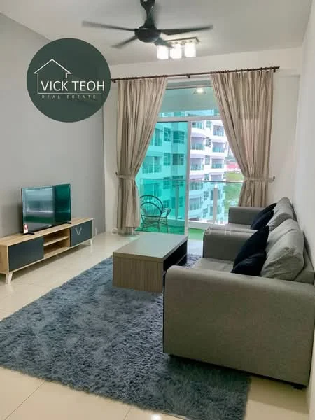 Living features: 3-seater fabric sofa in grey, coffee table, TV console, wall-mounted TV, area rug with geometric pattern, 5-blade ceiling fan with light, floor-to-ceiling windows, sheer curtains, balcony view; style: modern; view: city.