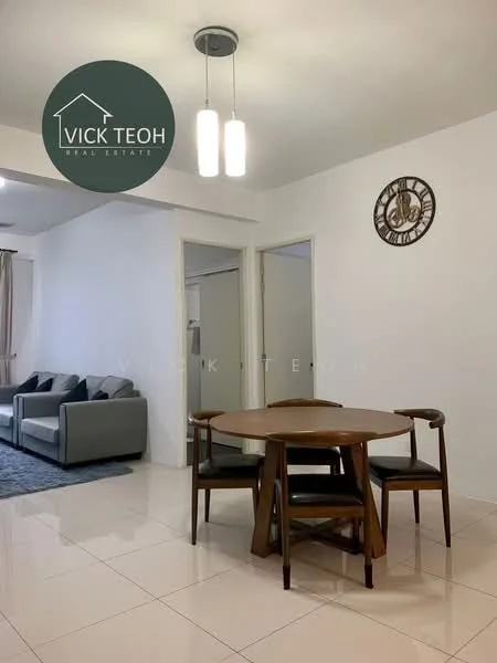 Dining features: round wooden dining table, 4 wooden dining chairs, pendant light fixture with 2 bulbs, wall clock, white painted walls, glossy tile flooring, sofa in background, neutral color decor; style: modern.