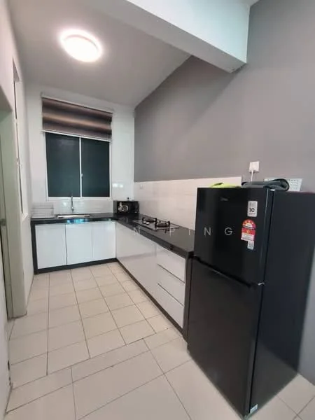 Kitchen features: black granite countertop, white cabinetry, stainless-steel sink, chrome pull-down faucet, 4-burner gas hob, built-in oven, black refrigerator, white tiled backsplash, grey painted walls, recessed ceiling lights, window with roller blinds, ceramic tile flooring; style: modern.