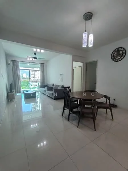 Living features: white painted walls, glossy tile flooring, 5-blade ceiling fan with light, recessed downlights, floor-to-ceiling windows, sliding glass door, curtains, round dining table, 4 dining chairs, sofa, decorative wall clock; style: modern; view: city.