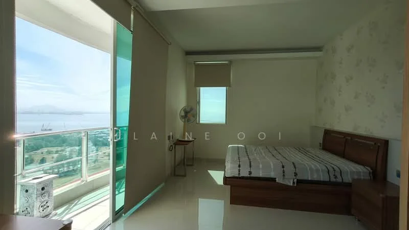 Bedroom features: king-size bed, wooden bed frame, striped bed linens, floor-to-ceiling windows, sliding glass door, curtains, wall-mounted fan, white painted walls, glossy tile flooring, decorative wallpaper, natural light, sea view; style: modern; view: sea.