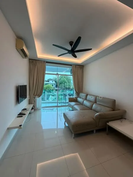 Living features: L-shape sectional sofa in beige, wall-mounted TV, white wall, recessed LED downlights, 5-blade ceiling fan with light, floor-to-ceiling sliding glass door, curtains, glossy tile flooring, decorative wall paneling, open space layout; style: modern; view: garden.