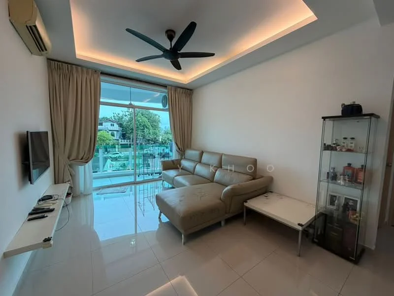 Living features: 3-seater leather sofa in beige, wall-mounted TV, ceiling fan with light, floor-to-ceiling windows, sliding glass door, sheer curtains, glossy tile flooring, decorative wall, coffee table, display cabinet, LED recessed lighting; style: modern; view: garden.