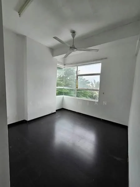 Room features: white painted walls, black laminate flooring, ceiling fan, large windows, natural light, corner room, minimalist design; style: minimalist; view: garden.