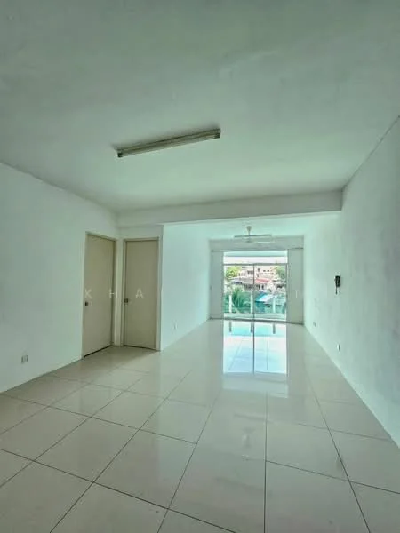 Living features: white painted walls, glossy ceramic tile flooring, recessed ceiling lights, sliding glass door, floor-to-ceiling windows, view of outdoor area, single ceiling fan, two doors leading to other rooms; style: minimalist; view: garden.