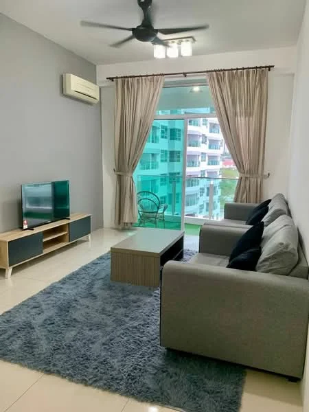 Living features: 3-seater fabric sofa in grey, coffee table, TV console, wall-mounted TV, area rug with geometric pattern, 5-blade ceiling fan with light, floor-to-ceiling windows, curtains in beige, light-colored tiled flooring, green view from window, decorative wall with grey paint; style: modern; view: city.
