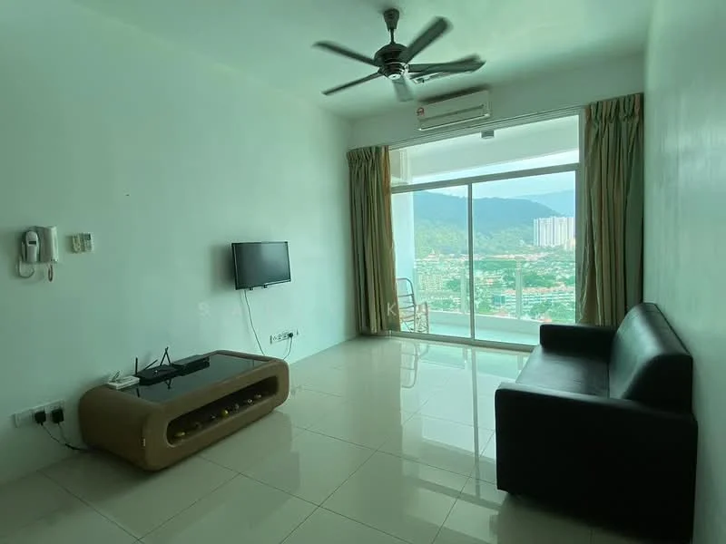 Living features: white painted walls, glossy tile flooring, 5-blade ceiling fan, wall-mounted TV, black leather sofa, coffee table with storage, floor-to-ceiling windows, curtains, air conditioning unit; style: modern; view: city.