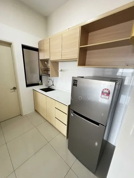 Kitchen features: white walls, light wood cabinetry, stainless-steel sink, chrome faucet, built-in upper cabinets, lower cabinets with drawers, grey refrigerator, ceramic tile flooring, window for natural light, countertop with backsplash; style: modern.