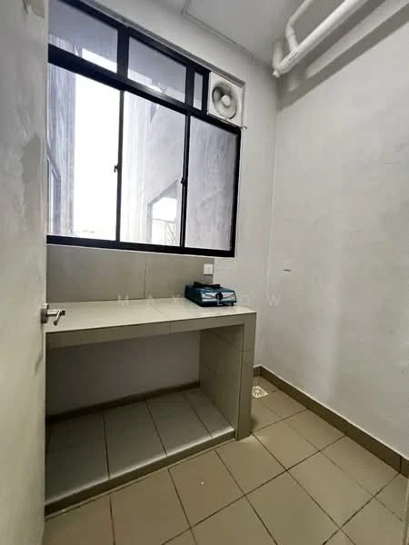Laundry features: white painted walls, grey tiled flooring, countertop with sink, single-bowl stainless-steel sink, window with black frame, wall-mounted air conditioning unit, exposed plumbing, light fixture on ceiling.