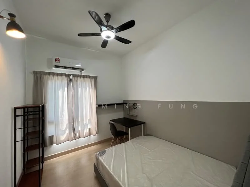 Bedroom features: wooden flooring, white painted walls, grey accent wall, 5-blade ceiling fan with integrated LED light, wall-mounted split AC, curtains, desk, chair, bed frame without mattress, open shelving unit; style: modern.