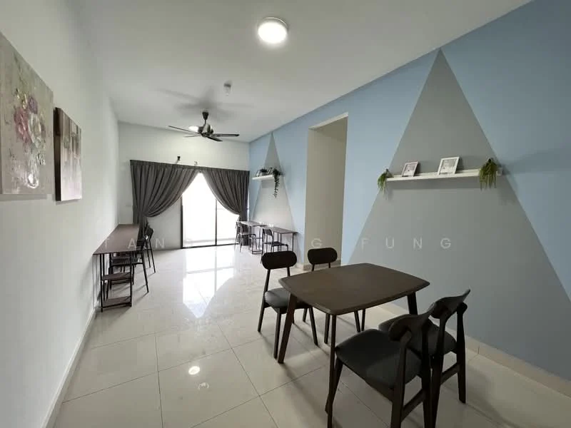 Dining features: white painted walls, blue accent wall, glossy tile flooring, 5-blade ceiling fan, dining table with 4 chairs, curtains, sliding glass door, open shelving, decorative wall art; style: modern.