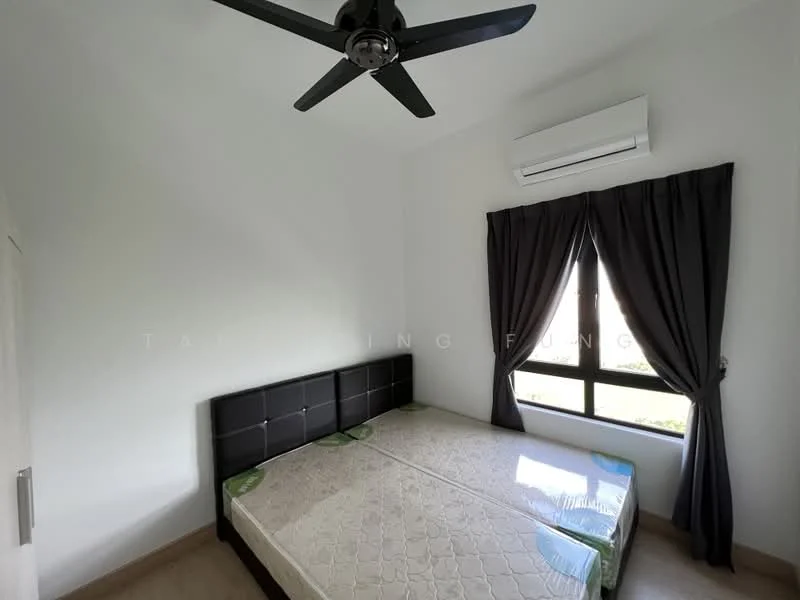 Bedroom features: queen-size bed, upholstered headboard, black bed frame, 2 green beddings, 1 wall-mounted split AC, floor-to-ceiling window, blackout curtains, light wood flooring, white painted walls, ceiling fan with 3 blades; style: modern; view: garden.