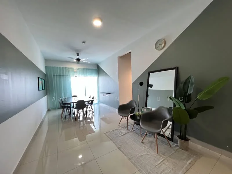 Living features: white painted walls, grey accent wall, glossy tile flooring, 5-blade ceiling fan with light, floor-to-ceiling windows, sheer curtains, area rug, decorative mirror, indoor plants, dining table with chairs; style: modern.