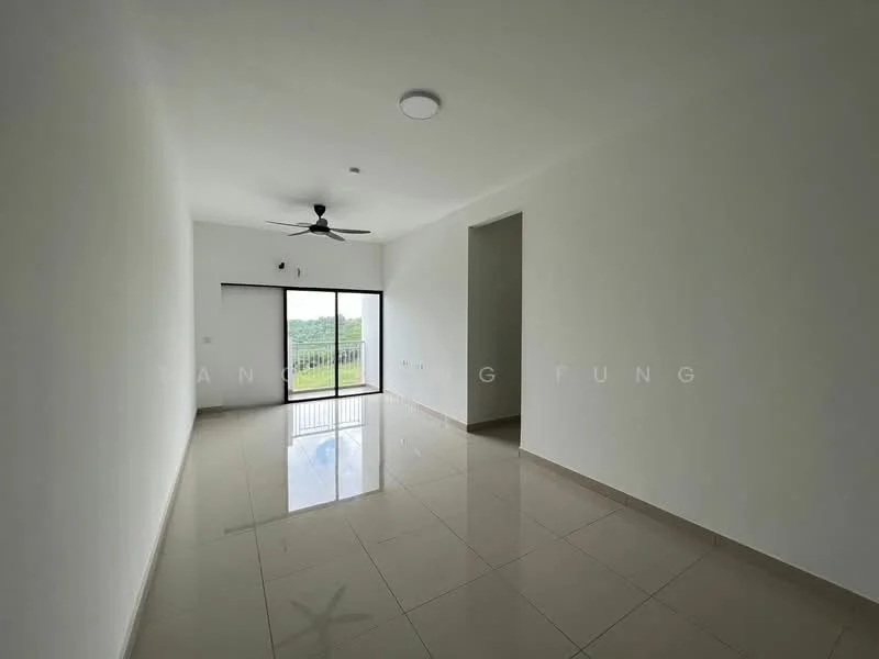 Living features: white painted walls, glossy ceramic tile flooring, 5-blade ceiling fan with light, floor-to-ceiling sliding glass door, large window, natural light, neutral color palette, open layout; style: modern; view: garden.