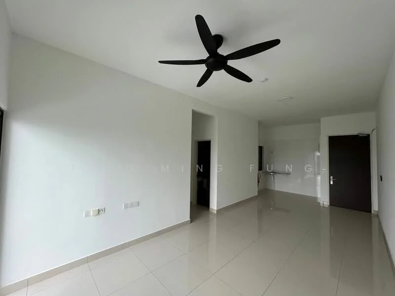 Room features: white painted walls, polished ceramic tile flooring, 5-blade ceiling fan, floor-to-ceiling windows, door leading to another room, light switch, air conditioning unit; style: modern.